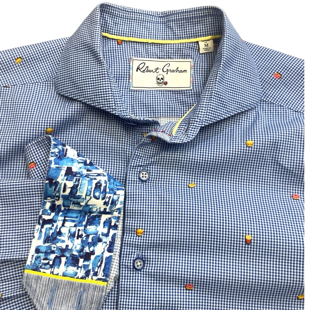 Robert Graham Shirt Mens Medium Gingham Button Down Flip Cuff Food Print Novelty